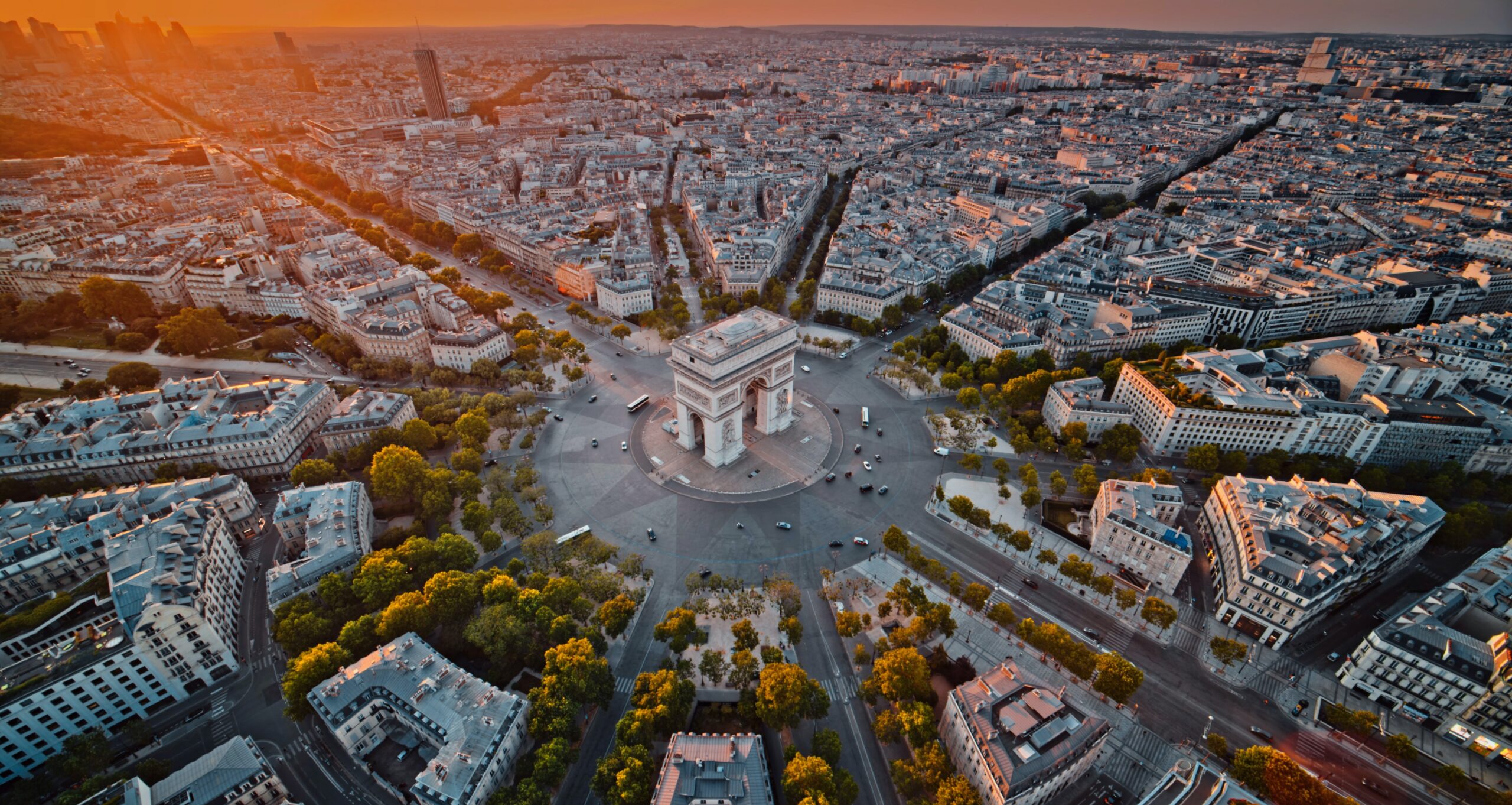 Drone aerial shot of Triumphal Arch, Paris, France. Photo by Timelab