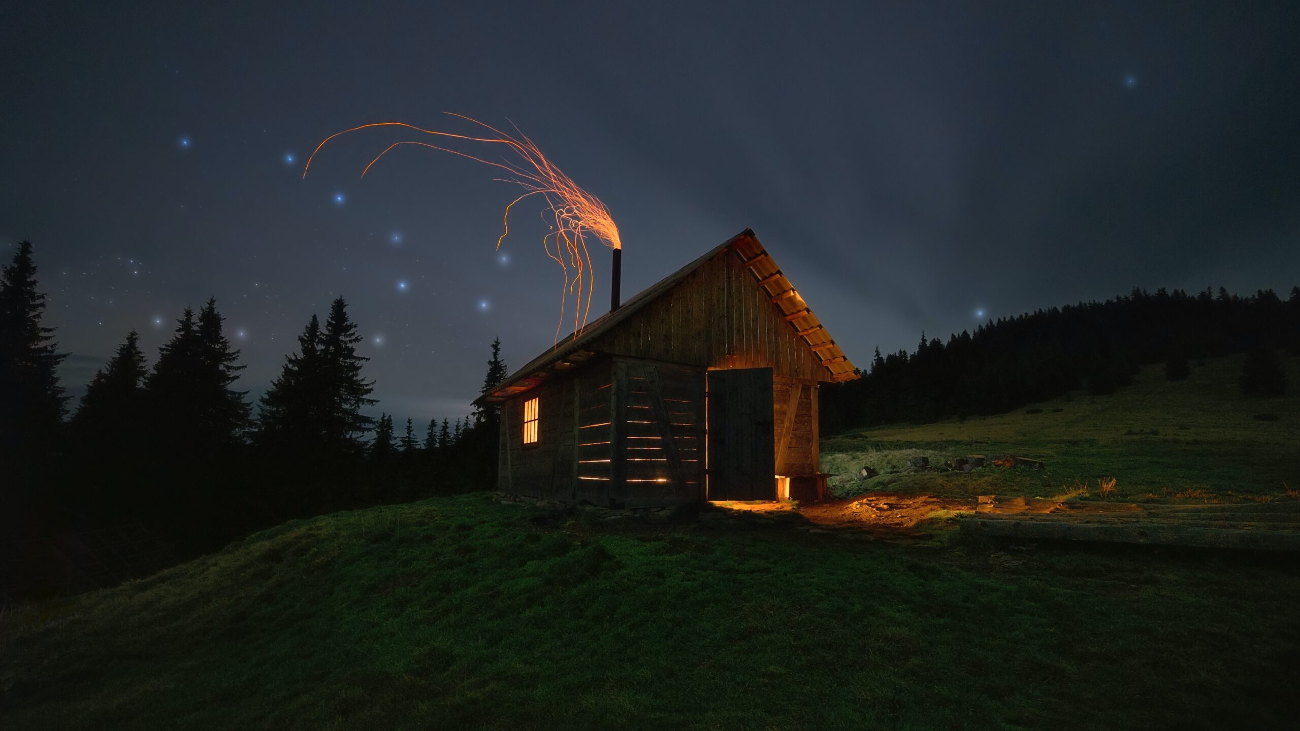 Hut on the mountains. Sparks and Stars. Carpathian Mountains. Photo by Ivan Maljarenko.