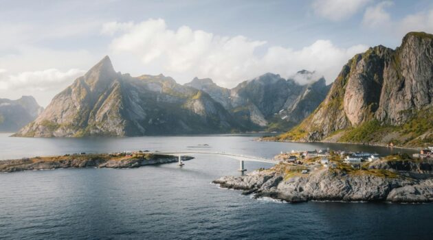 Aerial drone view of Hamnøy fjords in Lofoten Islands, Norway. Photo by Benoît Deschasaux