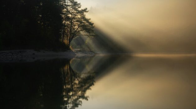 Mist light and shadow created a beautiful pattern reflected in the lake. Photo by Ales Krivec