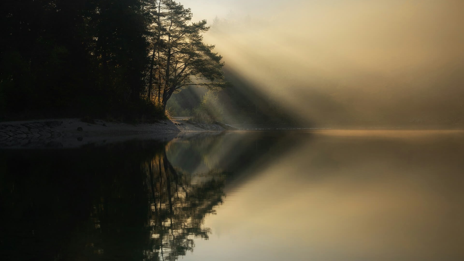 Mist light and shadow created a beautiful pattern reflected in the lake. Photo by Ales Krivec