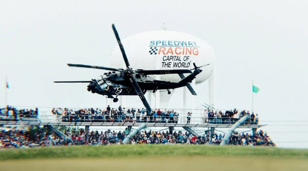 Blackhawk Helicopter flying low over Indianapolis Motor Speedway, Indianapolis, United States. Photo by LOGAN WEAVER | @LGNWVR