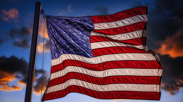 Old Glory at dusk. Akron, Ohio, USA. Photo by Dick Pratt