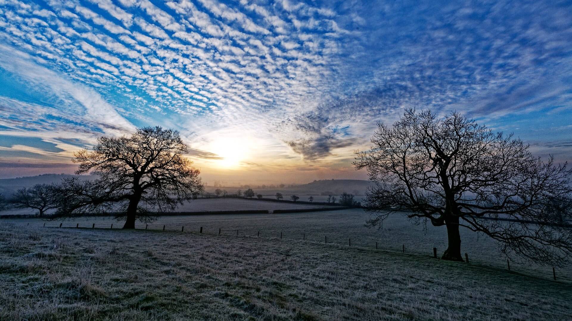 Sunrise over frozen fields in the Cotswold hills. Cotswolds, UK. Photo by Colin Watts