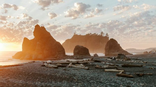 Glowy sunset at Ruby Beach in Olympic National Park. Ruby Beach, Washington, USA. Photo by Brianna Parks