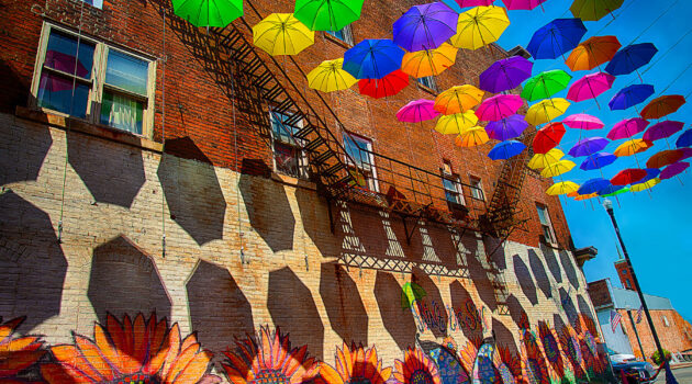 An ally of umbrellas. Louisville, Ohio, USA. Photo by Dick Pratt.